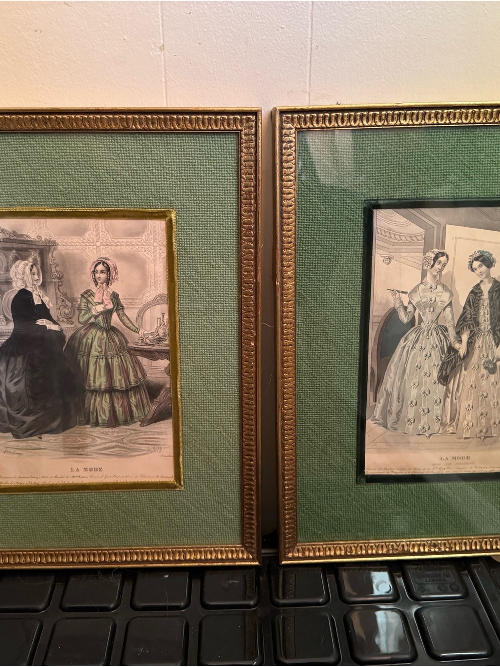 Pair Antique 1840s French Fashion Plates La Mode.  Green